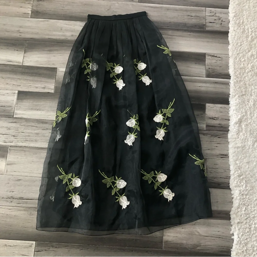 Vintage 70s Lillie Rubin Embroidered Tulle High Rise Formal Maxi Skirt - Picture 2 of 16
